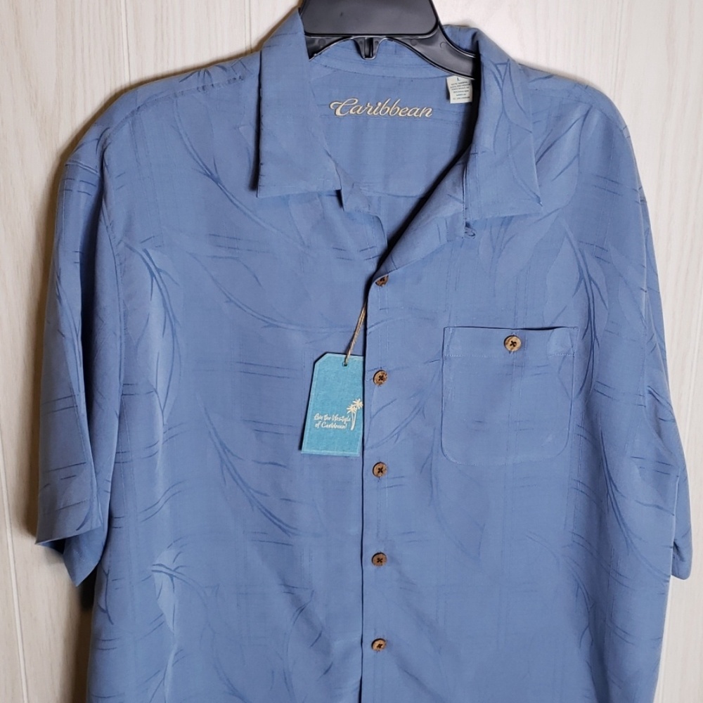Caribbean Solid Floral Short Sleeve Solid Blue L